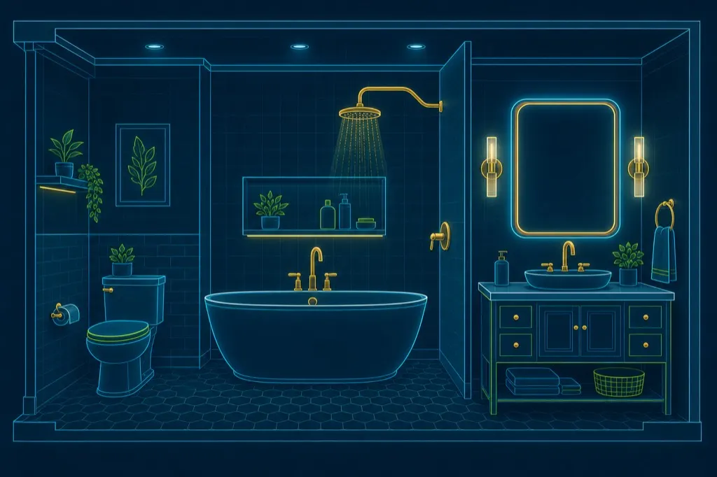Blueprint illustration of a bathroom with common plumbing fixtures