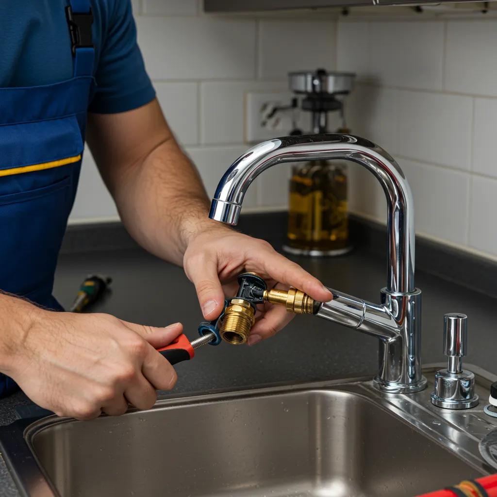 Professional plumber repairing a kitchen faucet with tools in a bright kitchen setting