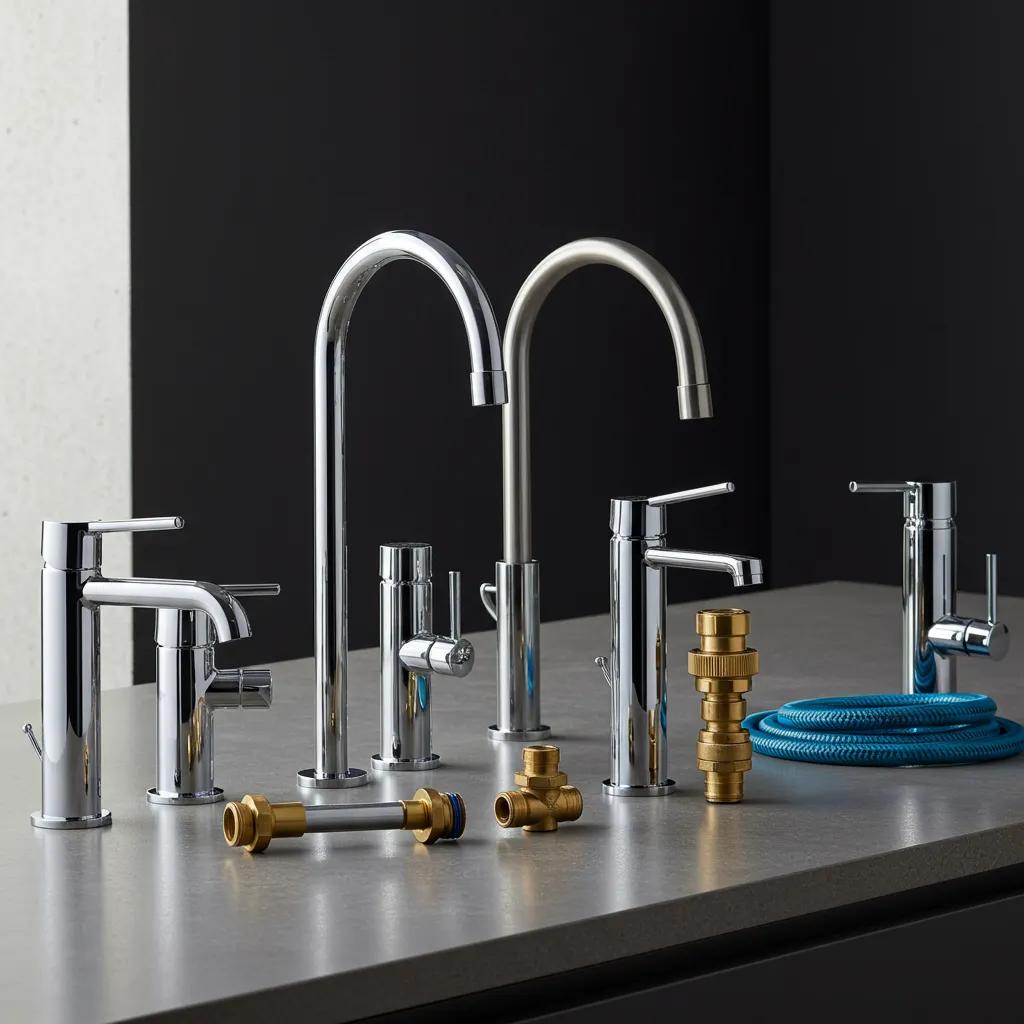 Variety of faucet types including kitchen mixers, bathroom faucets, and outdoor taps displayed on a countertop