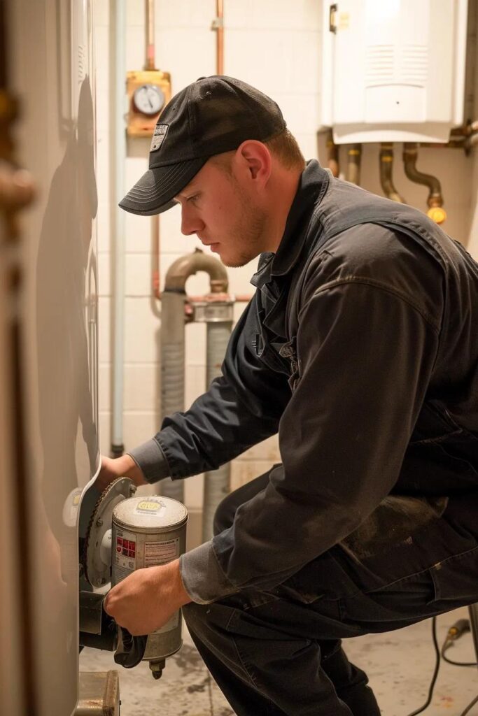 Ensure Efficiency: Water Heater Flush Service Explained 1 Plumber servicing a water heater, focusing on maintenance and efficiency, in a residential setting.