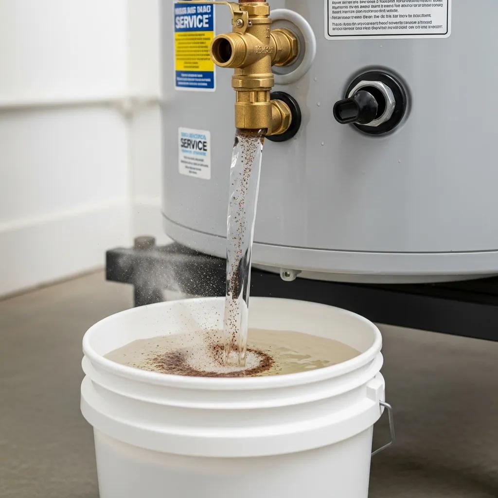 Ensure Efficiency: Water Heater Flush Service Explained 2 Close-up of water heater tank flushing process, showing clear water and sediment being removed into a bucket, illustrating sediment removal for increased efficiency and lifespan.