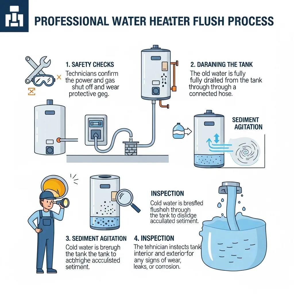 Ensure Efficiency: Water Heater Flush Service Explained 3 Professional water heater flush process illustration showing safety checks, draining the tank, sediment agitation, and inspection steps for efficient maintenance and prevention of sediment buildup.