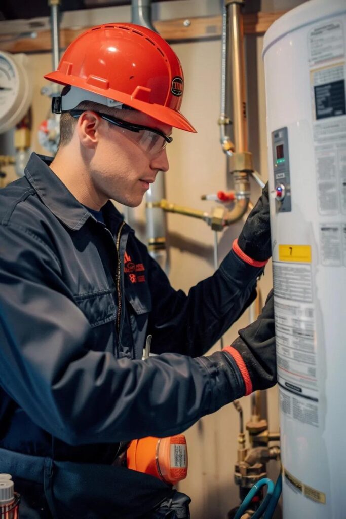 When to Repair or Replace Your Water Heater 2 Plumber in safety gear inspecting a water heater, focusing on maintenance and repair indicators for optimal performance.