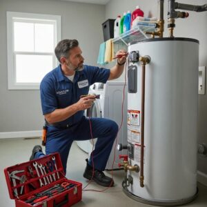 Professional plumber inspecting a water heater in a home utility room