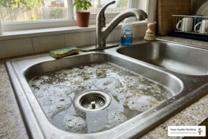 slow draining kitchen sink with standing water and soap residue - signs your drains need professional cleaning
