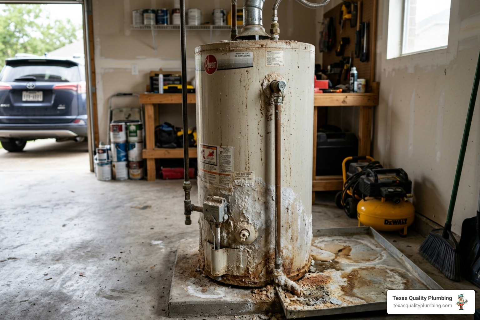 Plumbing Articles 3 water heater in a Houston home garage with hard water mineral deposits - how regular flushing protects your water heater