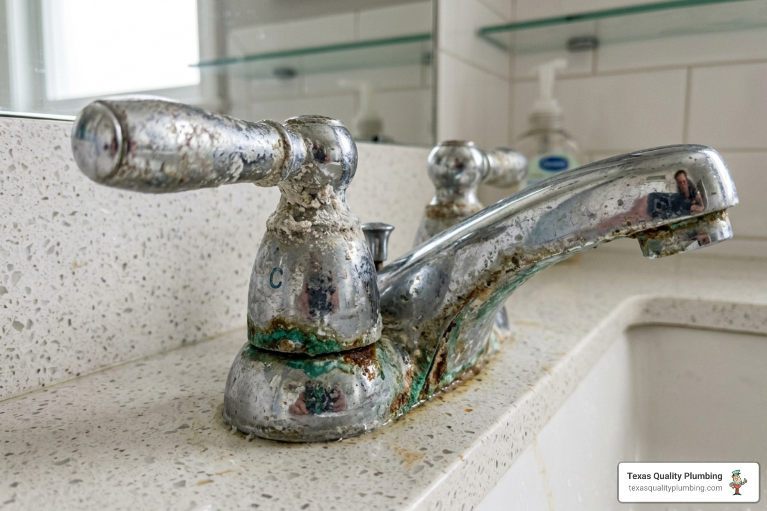 Gas Line Repair & Installation 10 Close-up of corroded bathroom faucet handles with visible mineral buildup - faucet and fixture repair when to fix vs replace