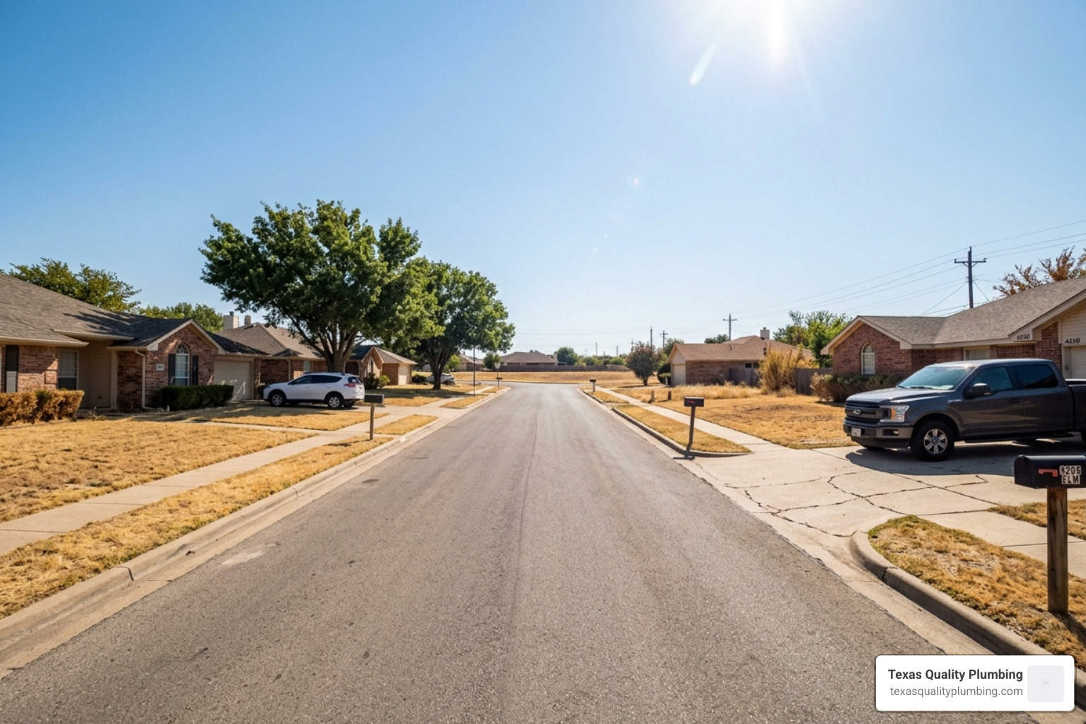 Gas Line Repair & Installation 11 Texas residential street scorched by summer heat with sun glare and dry lawns - how texas extreme heat affects your plumbing
