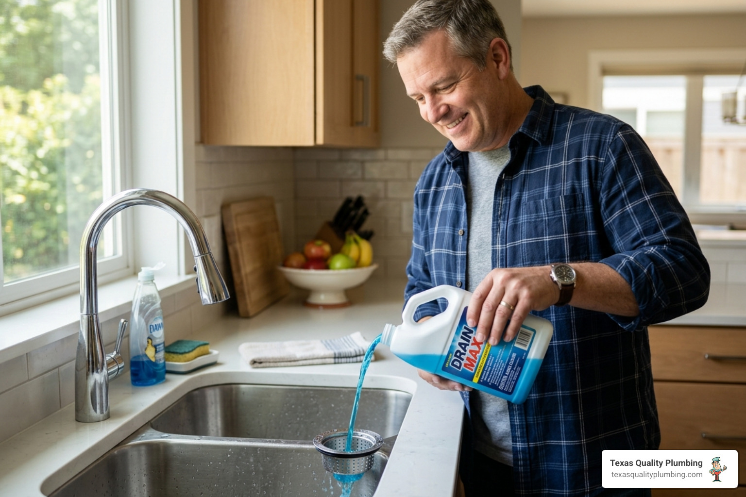 Garbage Disposal Repair & Installation 7 homeowner pouring chemical drain cleaner into kitchen sink - why chemical drain cleaners damage your pipes over time