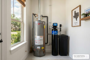 water softener next to water heater in modern Houston home interior - how a water softener extends your water heater lifespan