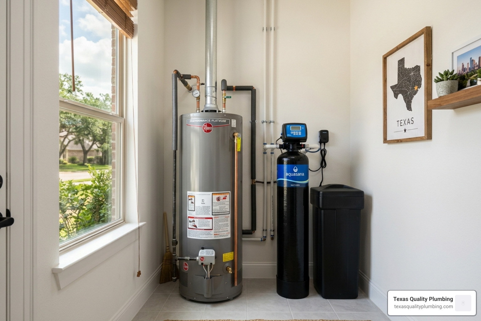 Plumbing Articles 1 water softener next to water heater in modern Houston home interior - how a water softener extends your water heater lifespan