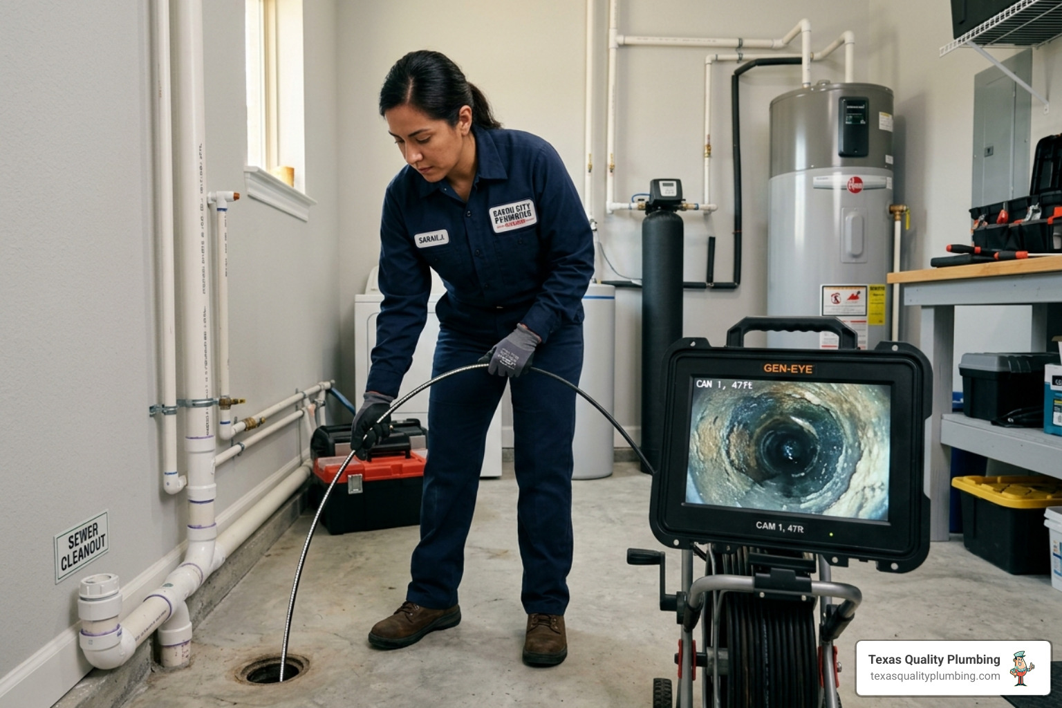 Gas Line Repair & Installation 4 professional plumber using sewer camera inspection equipment in Houston home - how camera inspections guide professional