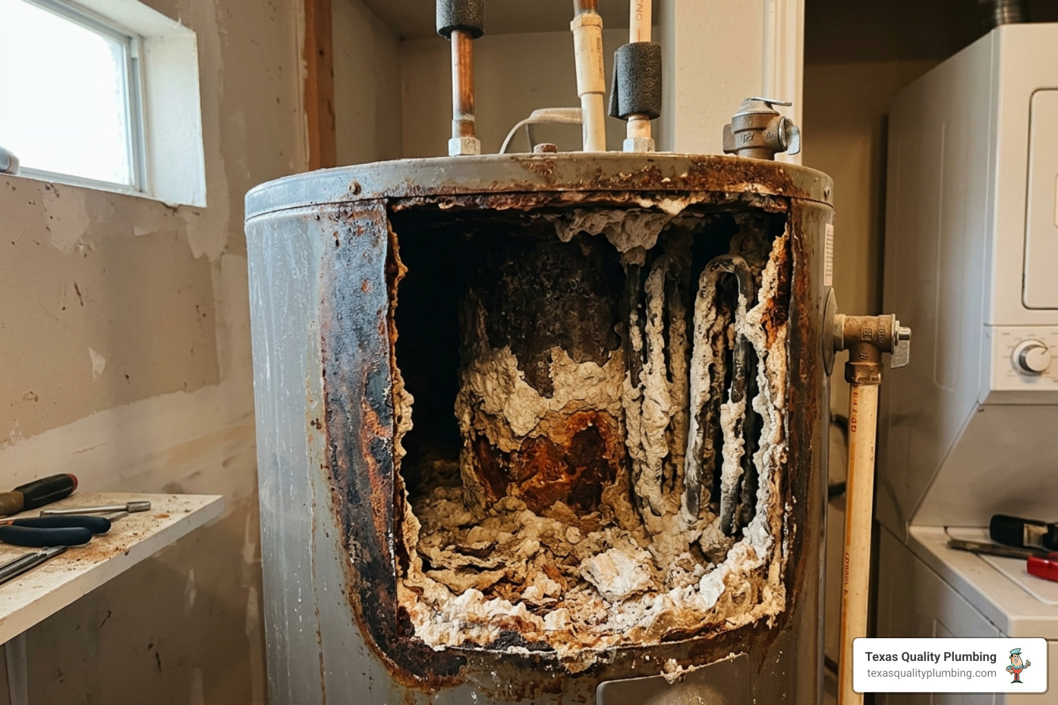 Garbage Disposal Repair & Installation 7 corroded water heater tank with mineral scale buildup Houston home - signs hard water is shortening your water heater life