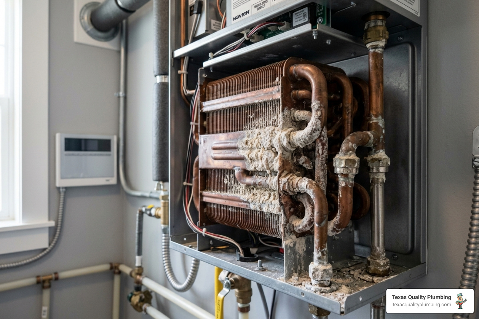 Water Leak Detection & Repair 7 tankless water heater installation with mineral scale buildup - how scale buildup clogs tankless water heater components