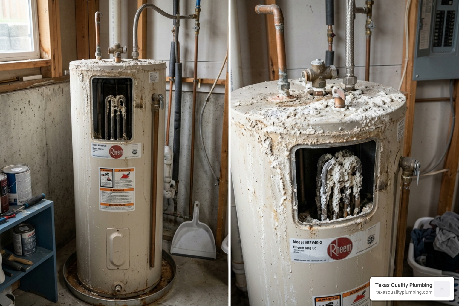 Plumbing Articles 2 water heater with visible mineral scale buildup in a residential utility room - how hard water reduces your water heater